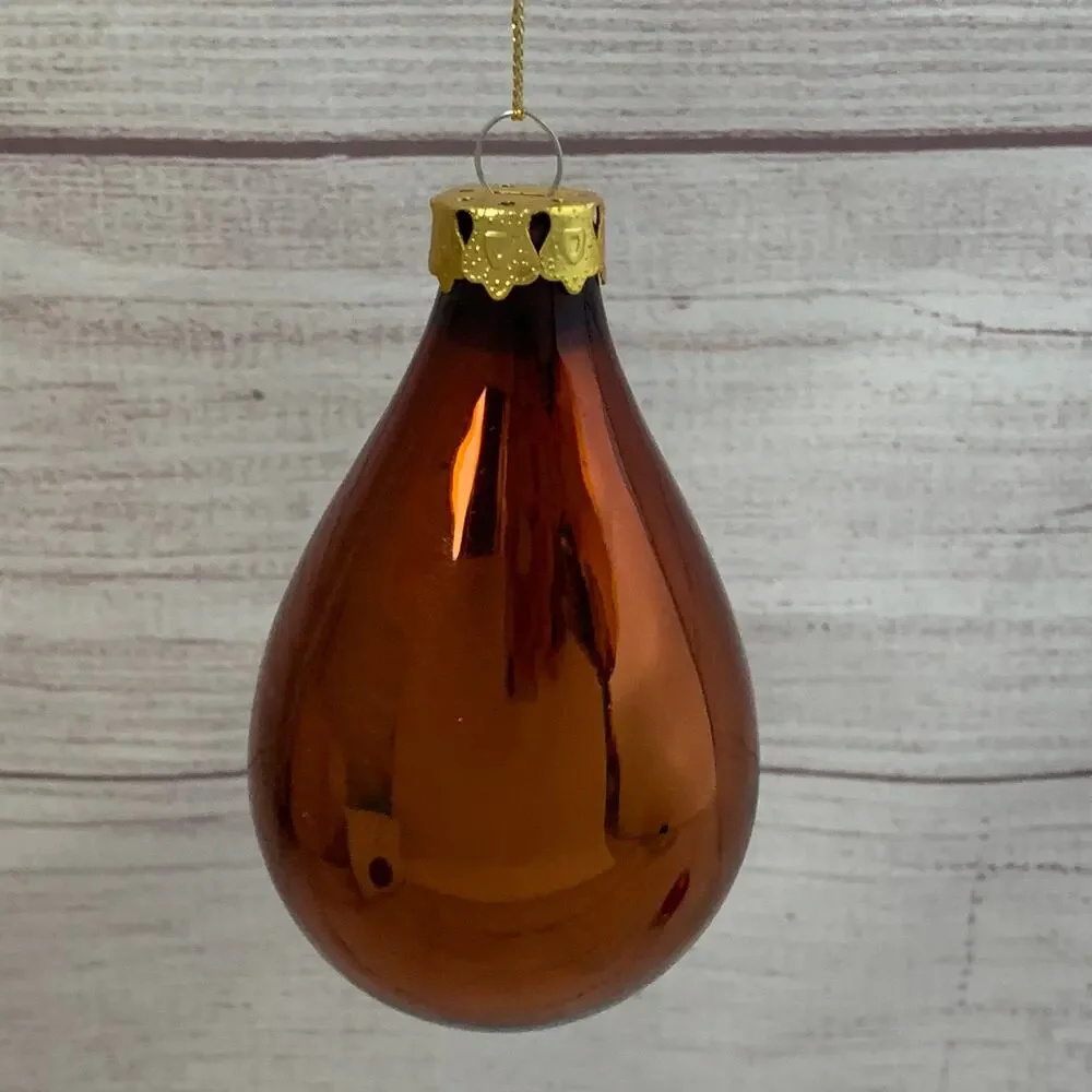 Vintage Glass Ornaments Set of 2 Brown Gold Drop Teardrop Christmas Tree